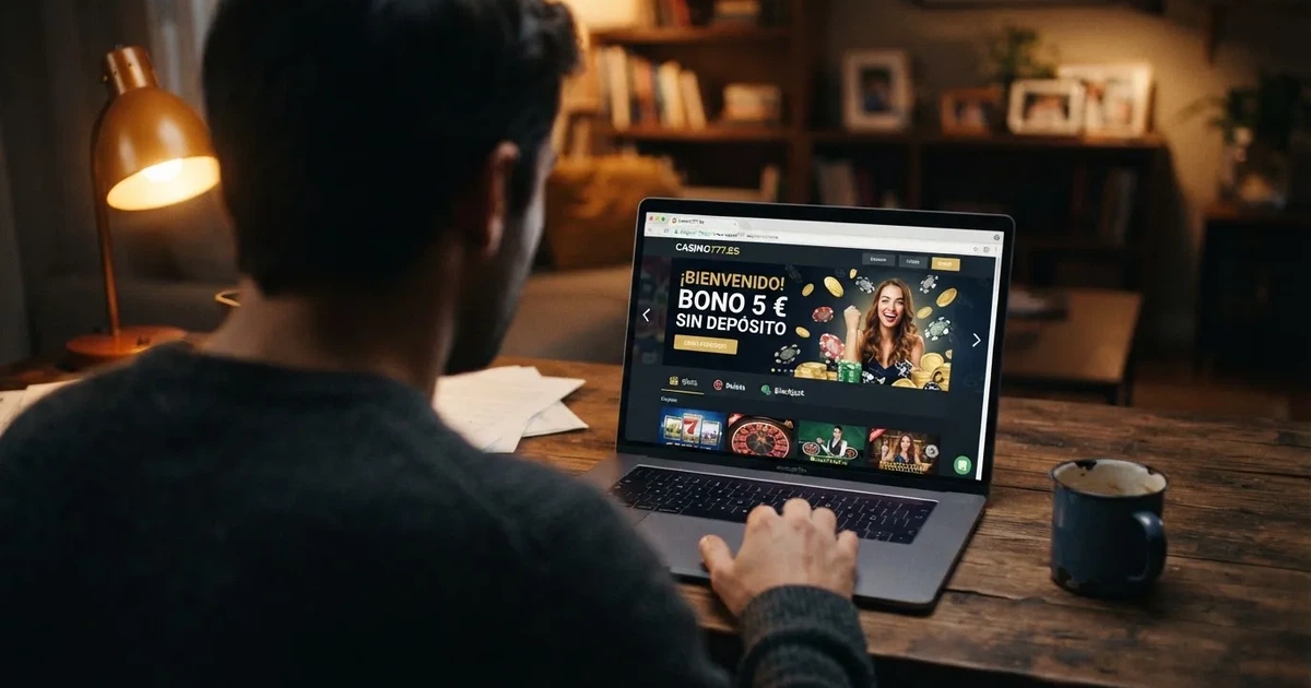 Pantalla de un casino online español mostrando una promoción de bono sin depósito junto al candado de conexión segura y el dominio .es visible en la barra del navegador