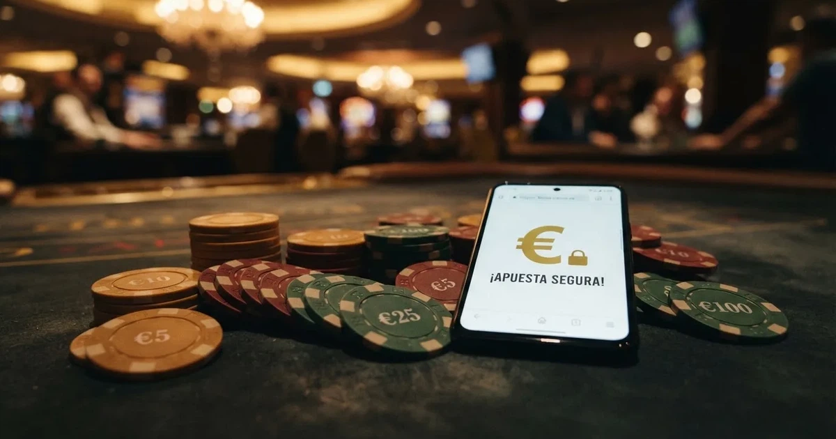 Comparativa de fichas de casino con el texto «50 €» sobre una pantalla con candados DGOJ y el dominio .es visible