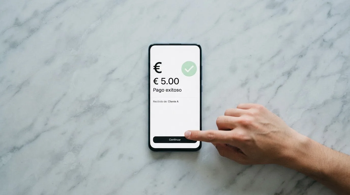 Teléfono móvil mostrando la pantalla de un pago de 5 euros a través de Bizum con el logotipo de un casino online español de fondo
