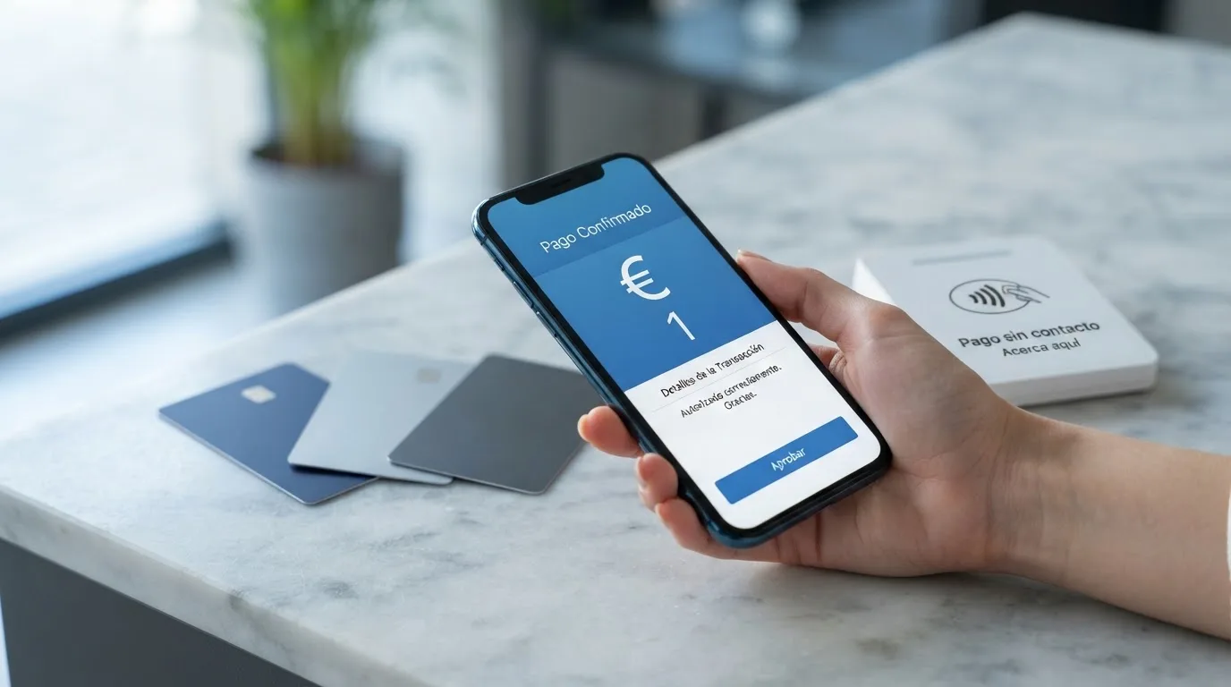 Pantalla de móvil con la interfaz de Bizum mostrando una transacción de 1 euro hacia un operador de casino, junto a los logos de Visa, Mastercard y Apple Pay en la misma escena