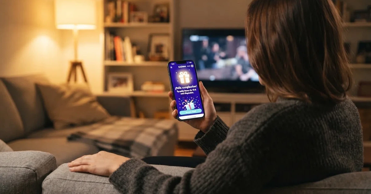 Pantalla de un casino online español mostrando una notificación de regalo de cumpleaños con saldo bonus al iniciar sesión