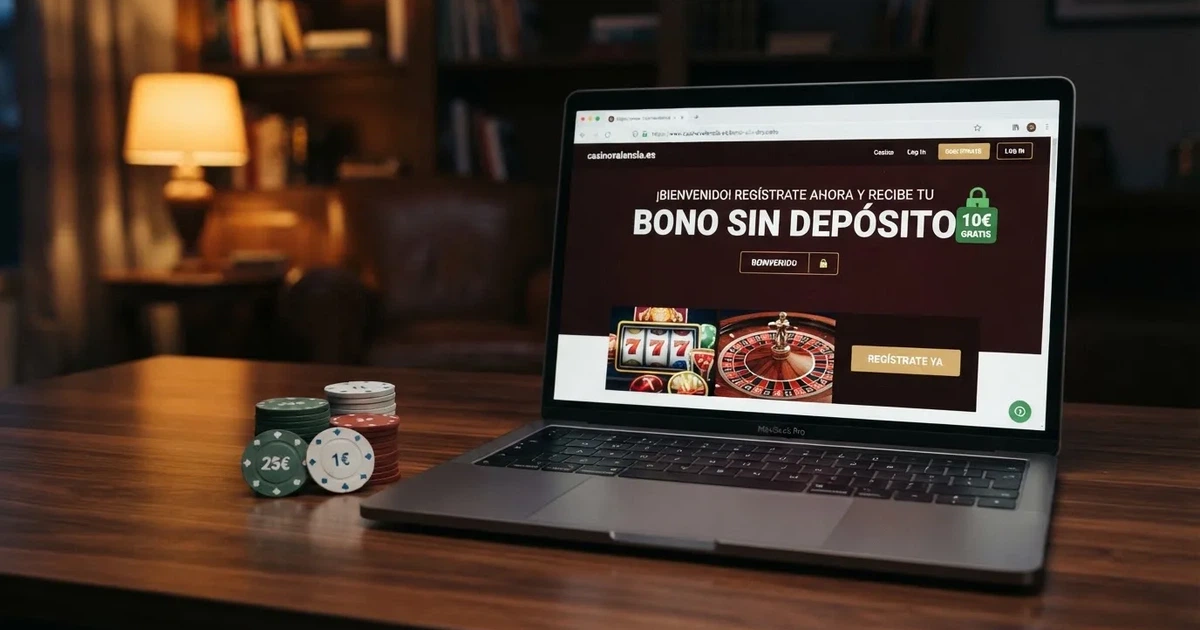 Pantalla de un casino online español con el aviso de bono sin depósito junto al candado de seguridad y el dominio .es en la barra de direcciones