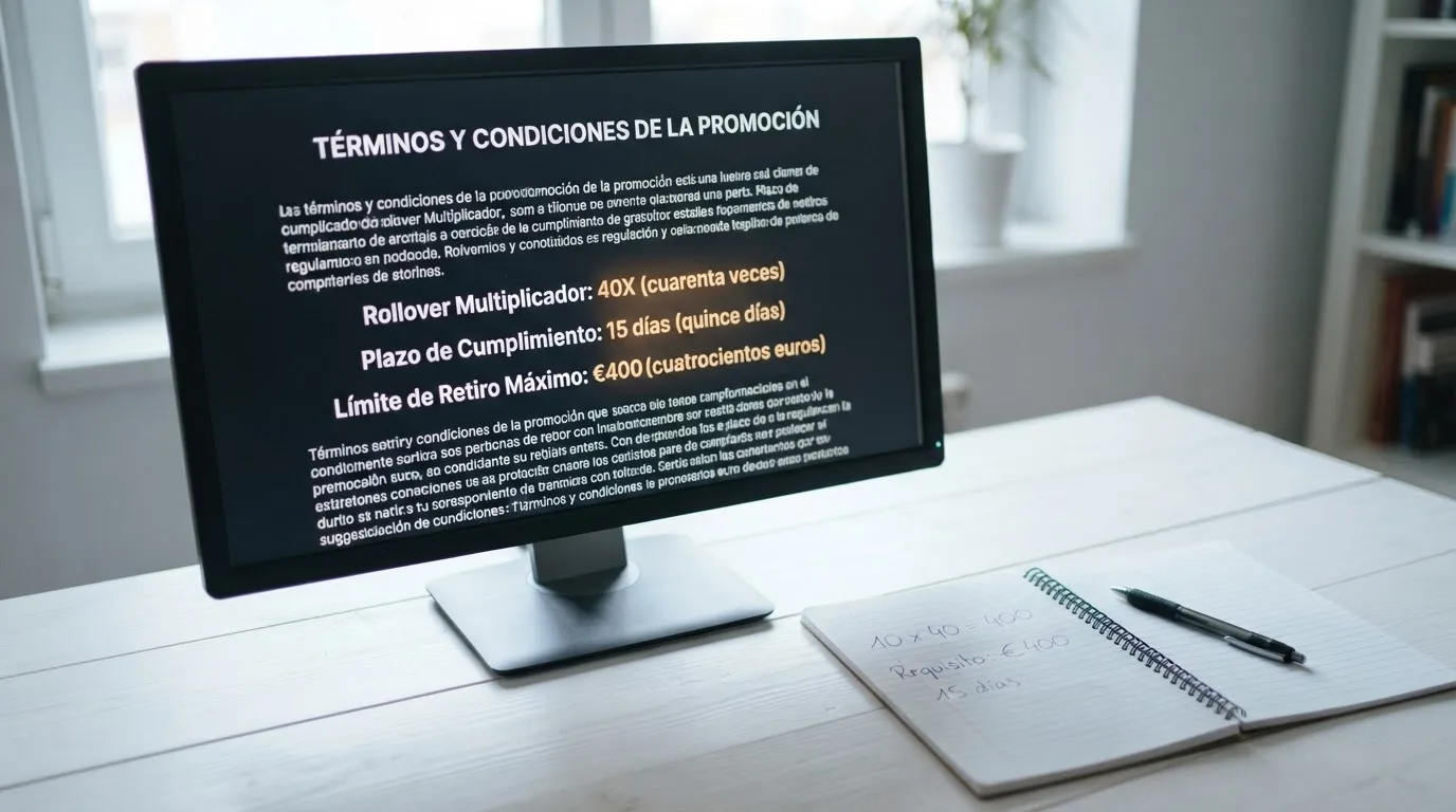 Primer plano de una pantalla de ordenador con los términos y condiciones de un bono sin depósito, con las cifras de rollover, plazo y tope de retirada resaltadas, y un bloc de notas al lado con un cálculo a mano del importe total a apostar
