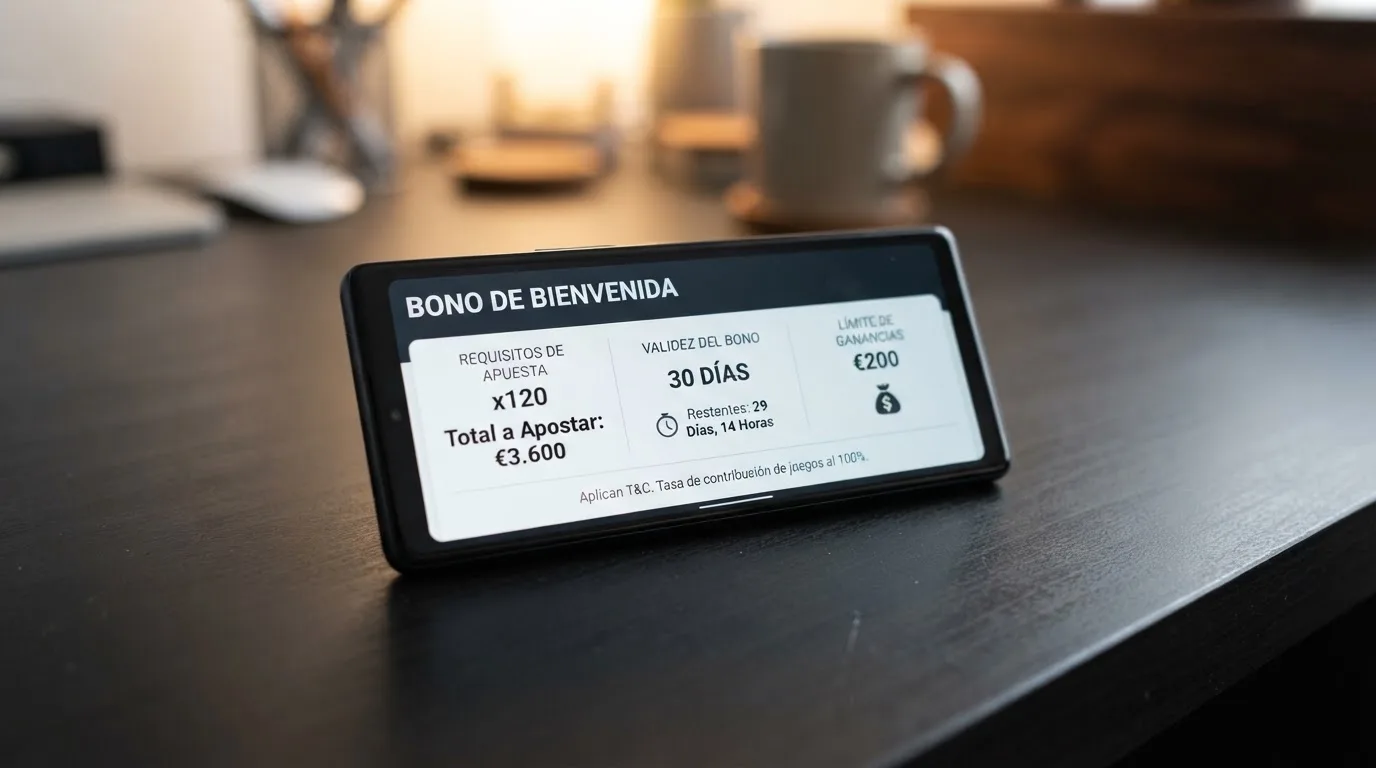 Pantalla de condiciones de un bono sin depósito mostrando el requisito de apuesta, la validez y la ganancia máxima
