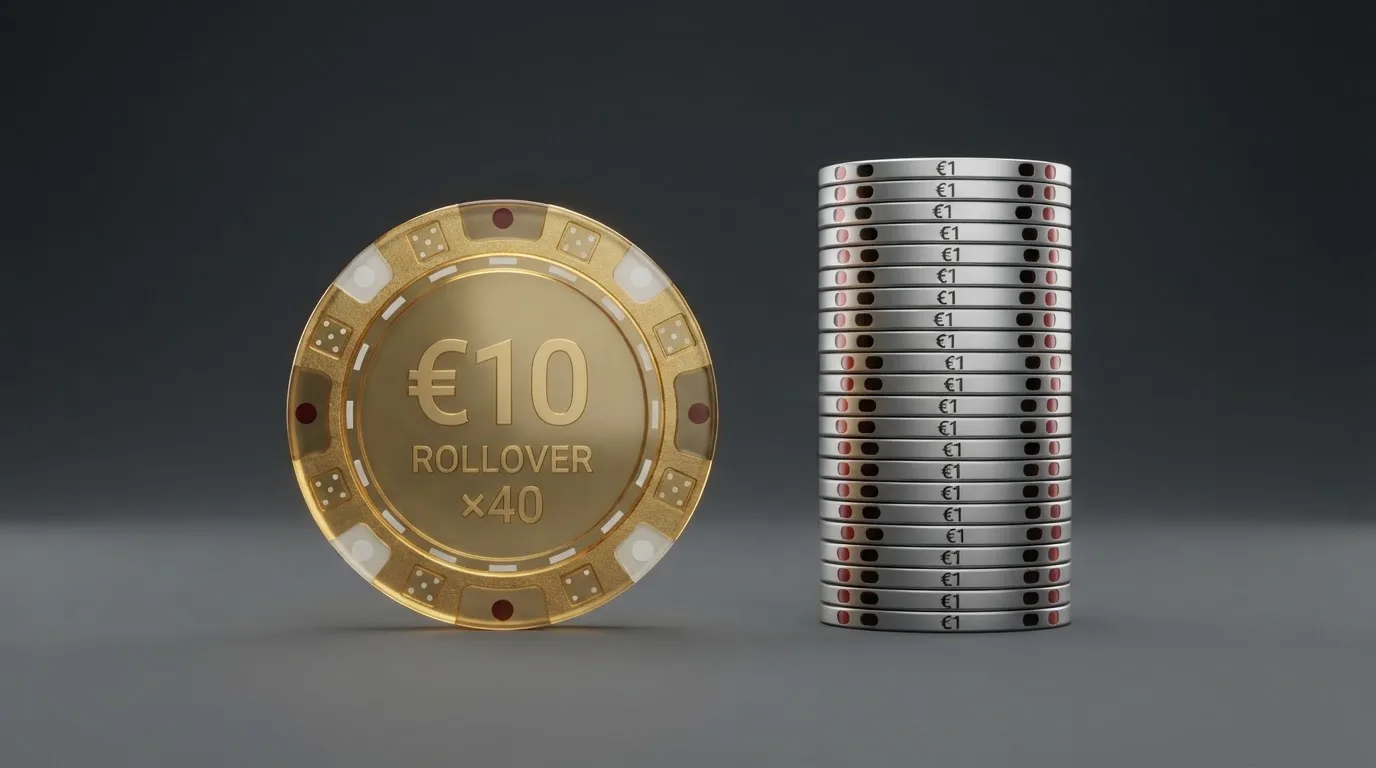 Representación visual del cálculo de un requisito de apuesta: una cifra de ganancia multiplicada por el rollover que muestra el total a apostar