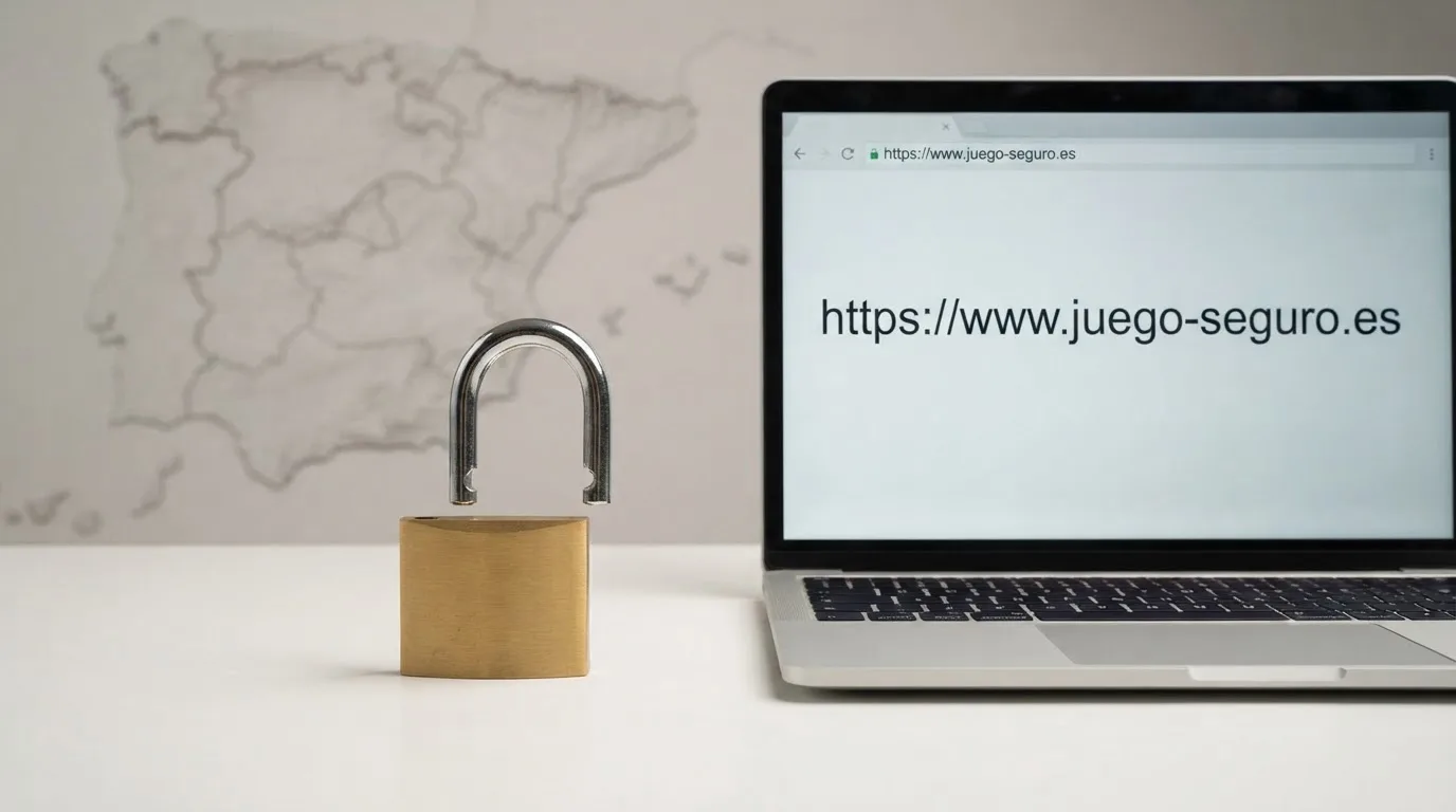 Un candado abierto sobre la silueta de España con el texto «DGOJ» y un dominio «.es» visible en la barra de direcciones de un navegador