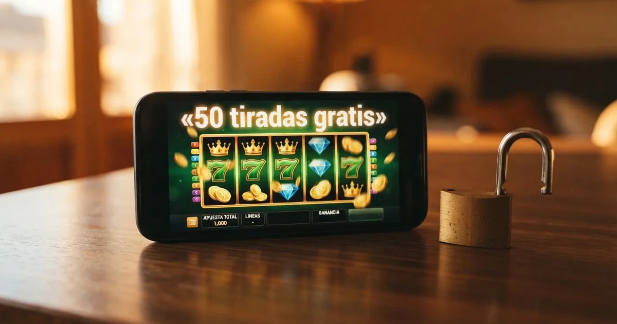Un móvil mostrando una tragaperras con el mensaje «50 tiradas gratis» en la pantalla y un candado abierto junto al texto «sin depósito»