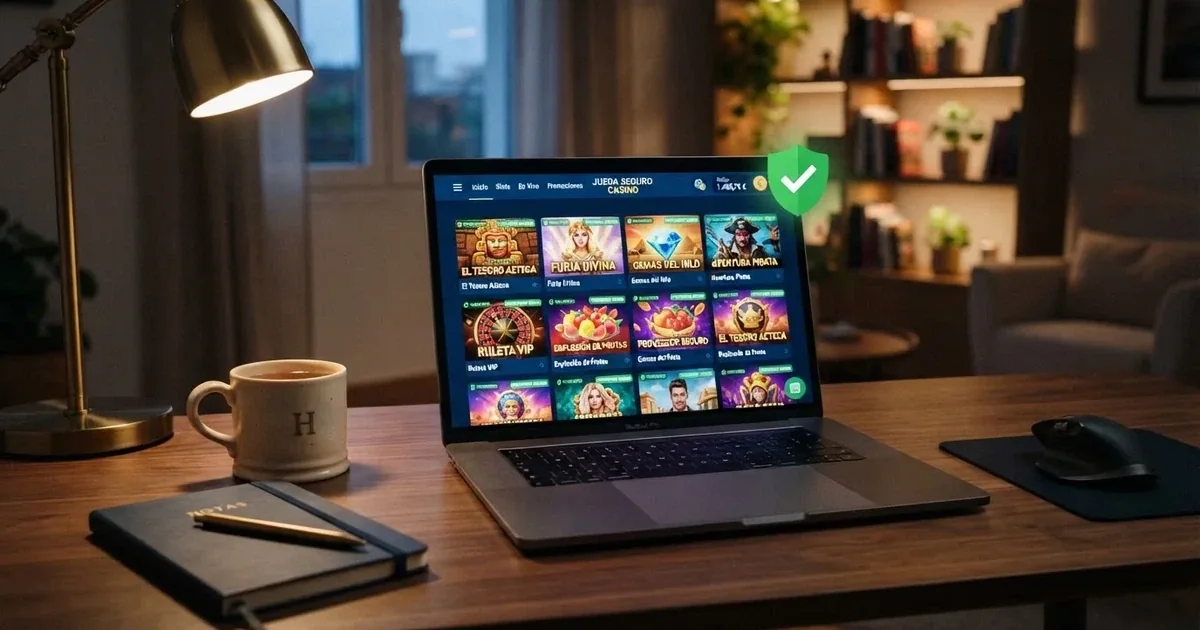 Pantalla de inicio de un casino online español con licencia DGOJ, mostrando el catálogo de slots y el sello de juego seguro