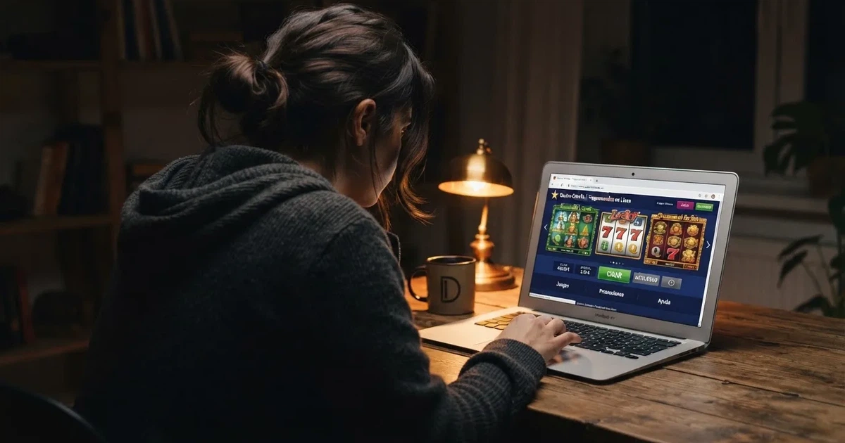 Un jugador frente a una pantalla con la web de un casino online en español, visible el candado de seguridad y el dominio .es en la barra de direcciones