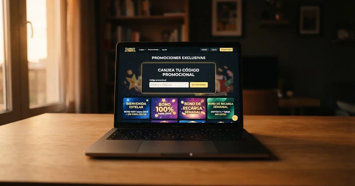 Pantalla de un casino online con licencia DGOJ mostrando la sección de promociones con el campo para introducir un código promocional junto a los bonos disponibles