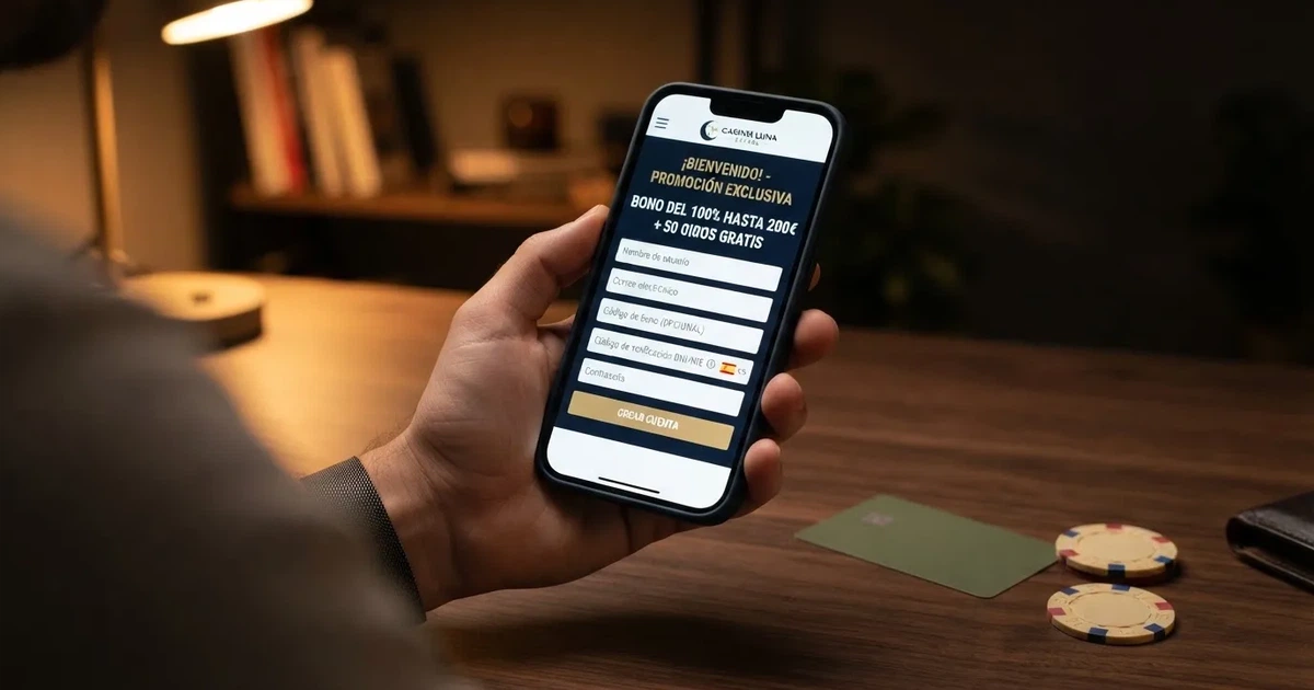 Mano sosteniendo un teléfono móvil con la pantalla mostrando la página de promociones de un casino online español, junto a un documento de identidad y una tarjeta bancaria sobre una mesa