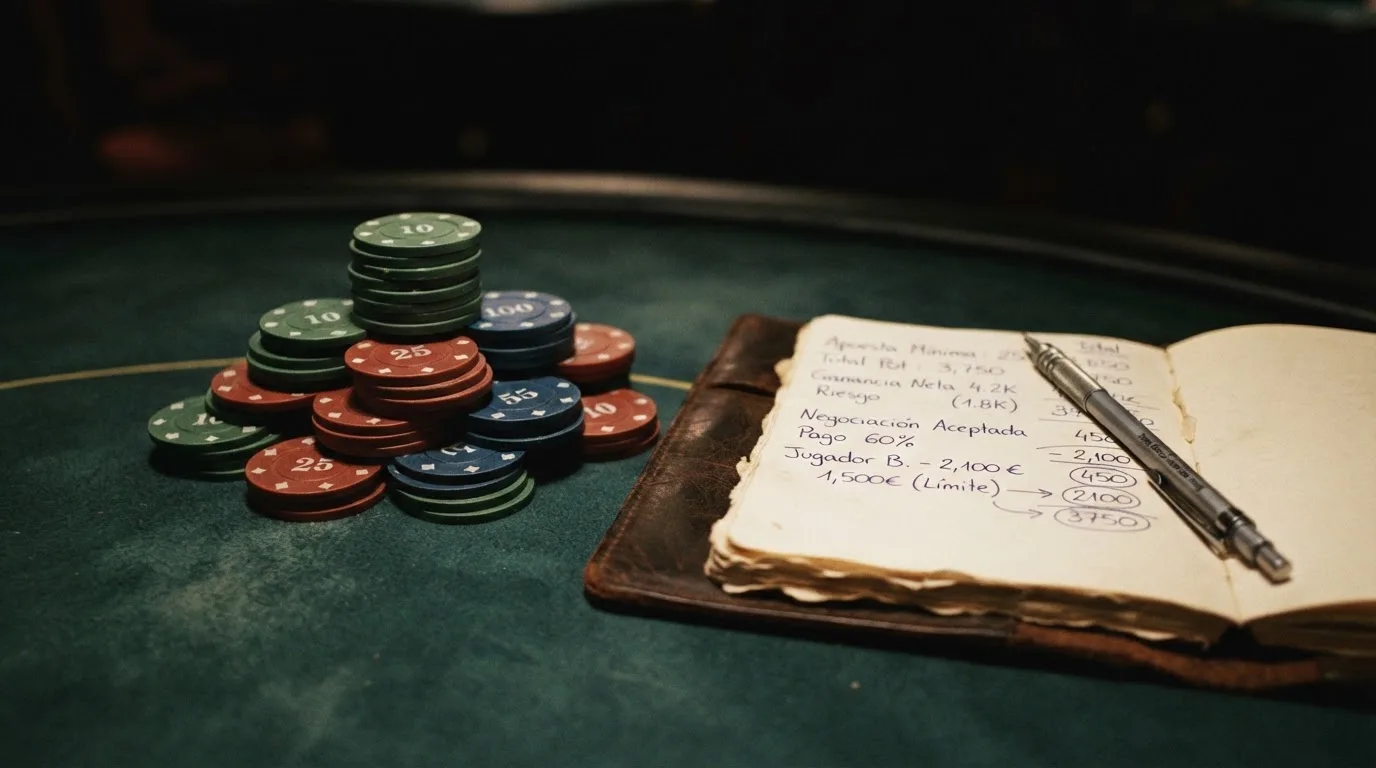 Fichas de casino apiladas junto a una tabla con cifras de bonos, plazos y porcentajes de rollover