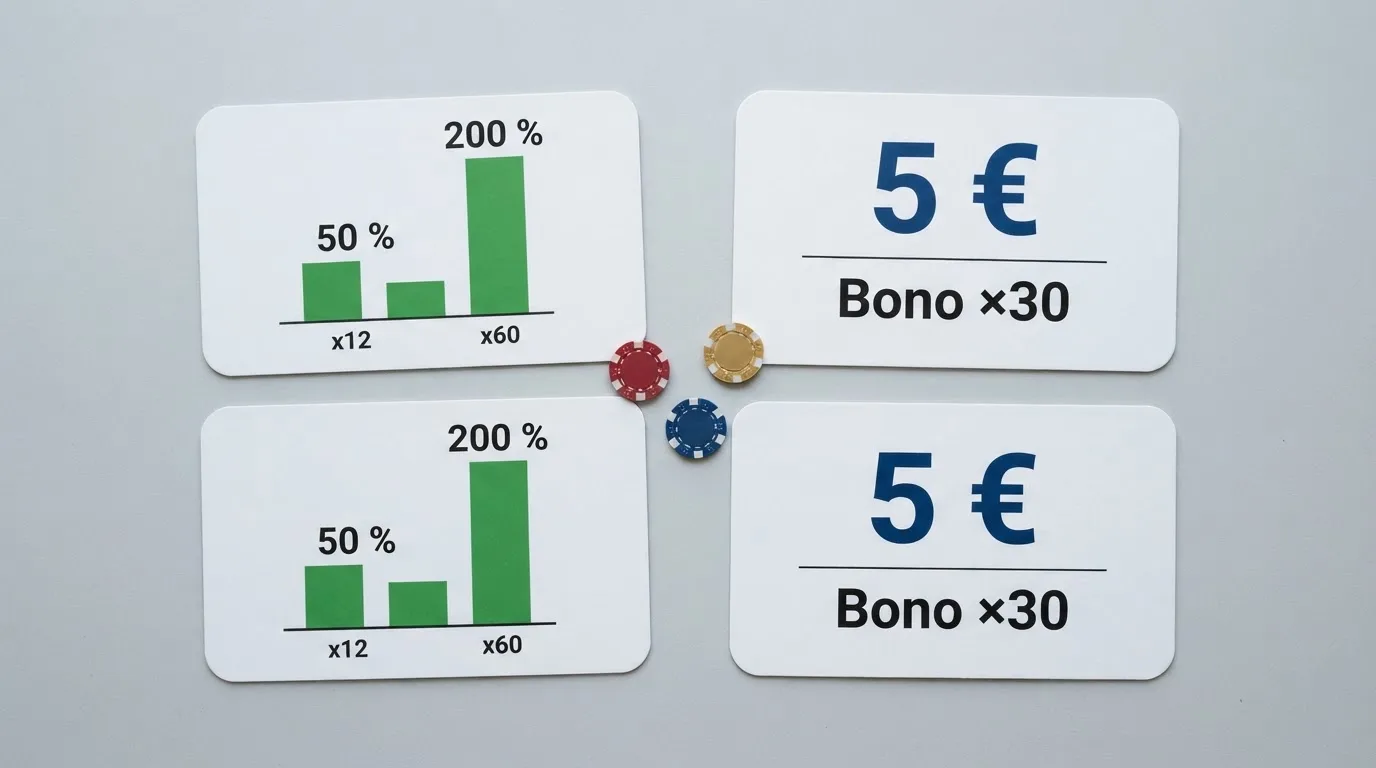 Vista comparativa de las fichas de varios casinos online españoles con sus respectivos bonos de bienvenida y condiciones
