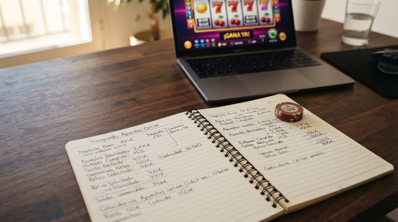 Una pantalla de ordenador mostrando una tabla con logotipos de casinos online y cifras de bonos en euros, junto a un bloc de notas con anotaciones manuscritas sobre condiciones de rollover