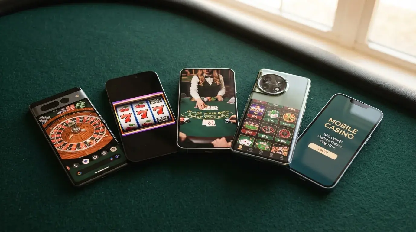 Varios teléfonos móviles en abanico mostrando la pantalla de inicio de distintas apps de casino con licencia española
