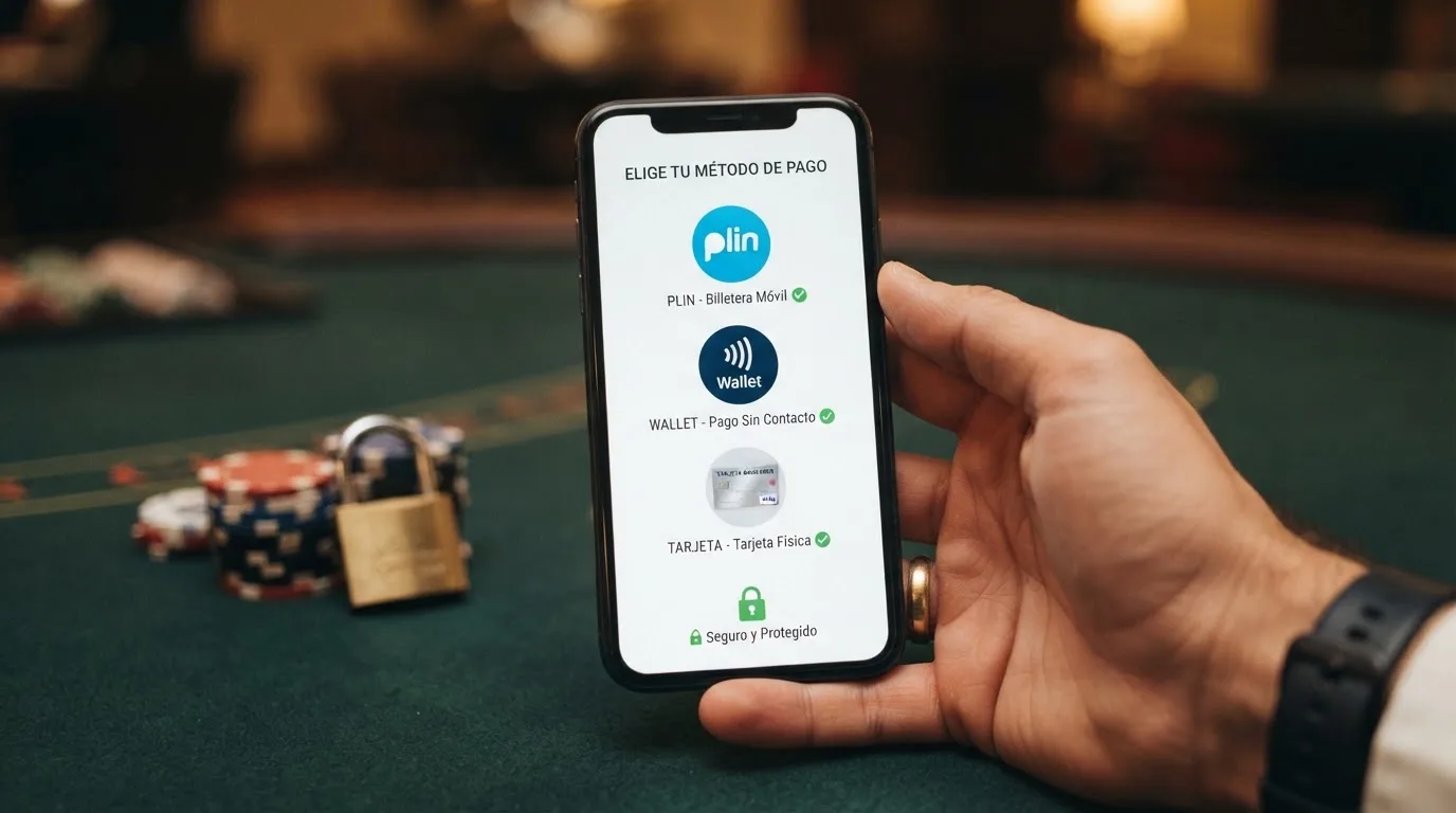 Una tabla comparativa simplificada en pantalla de móvil con los iconos de Bizum, Apple Pay y Google Pay junto a fichas de casino y un candado DGOJ.