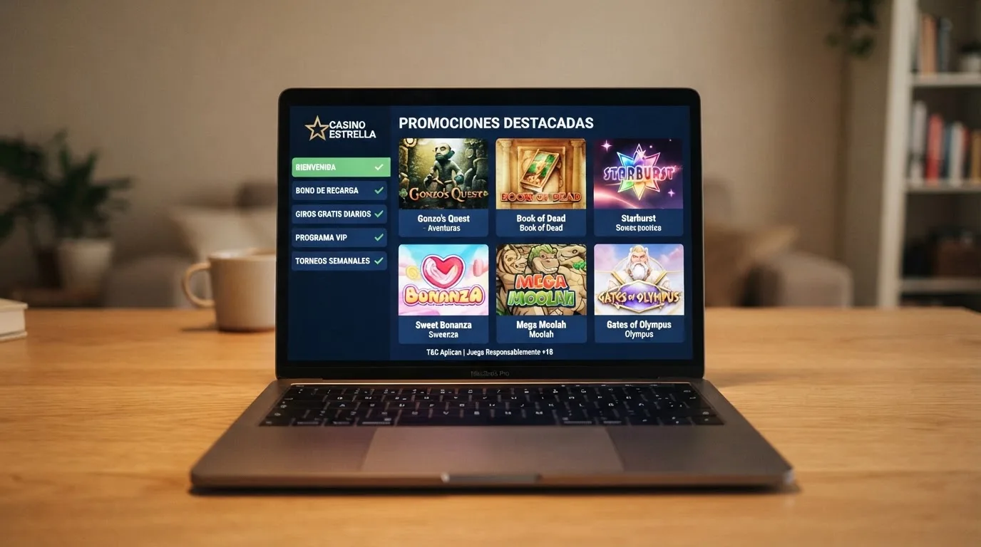 Interfaz de casino online con el apartado de promociones visibles y varios títulos de tragaperras en el vestíbulo