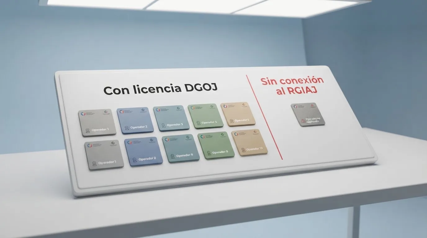 Tabla de dos columnas con los logotipos de diez operadores de casino: una columna bajo el título «Con licencia DGOJ» y otra con un solo operador bajo «Sin conexión al RGIAJ»