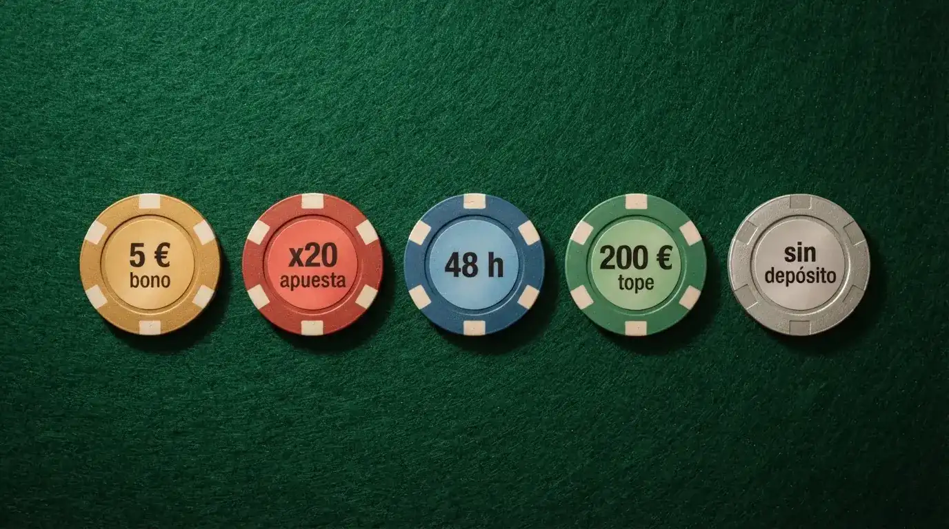 Interfaz de comparativa con fichas de casino alineadas mostrando importes de bono, requisitos de apuesta y plazos de validez