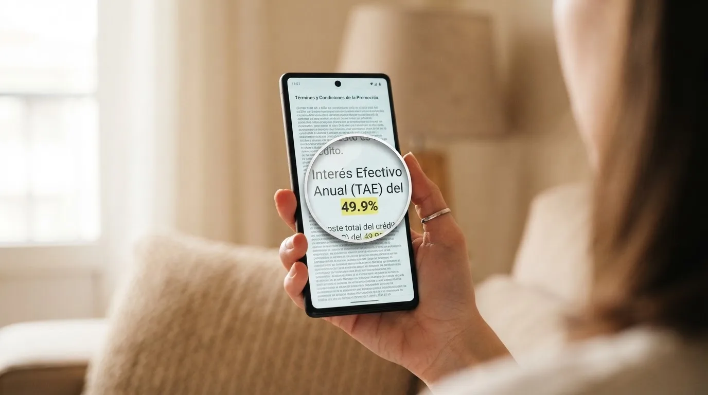 Primer plano de un teléfono con los términos y condiciones de un bono de casino, con una lupa digital destacando el porcentaje de rollover