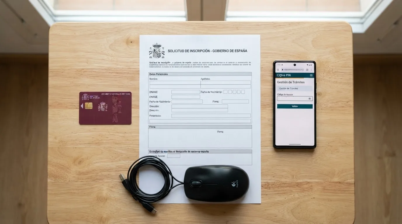 Primer plano del formulario normalizado RGIAJ sobre una mesa con un DNI español, un ratón de ordenador y un teléfono móvil con la app de la DGOJ abierta