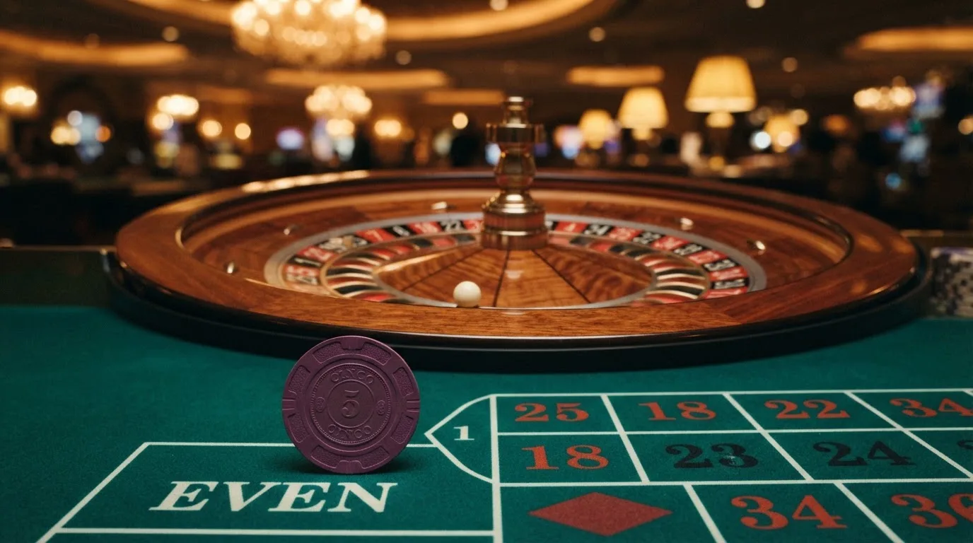 Ruleta de casino en primer plano con una ficha que lleva grabado el logo de Ethereum