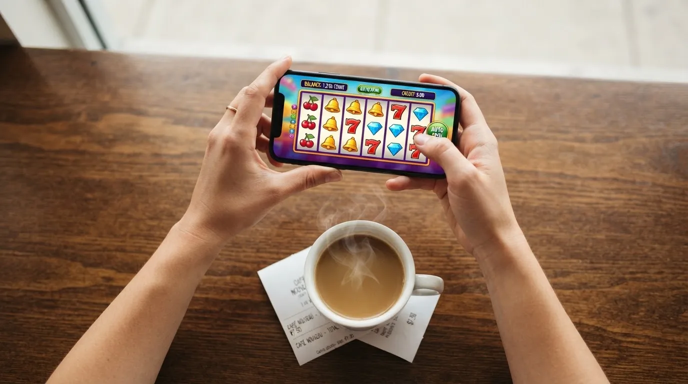 Manos de una persona usando un teléfono móvil con la pantalla de un casino online, junto a un café