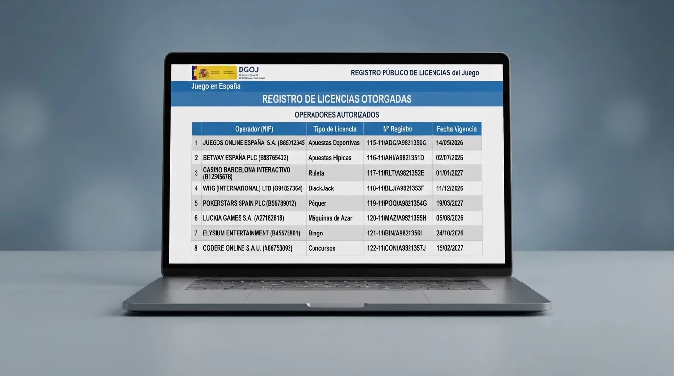 Pantalla del registro oficial de la DGOJ en ordenacionjuego.es con el listado de operadores autorizados y sus números de licencia