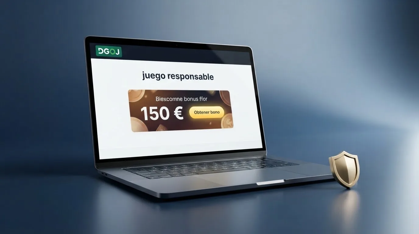 Pantalla de un casino online español mostrando el dominio .es, el sello de la DGOJ y los logos de juego responsable junto a la oferta de bono de bienvenida