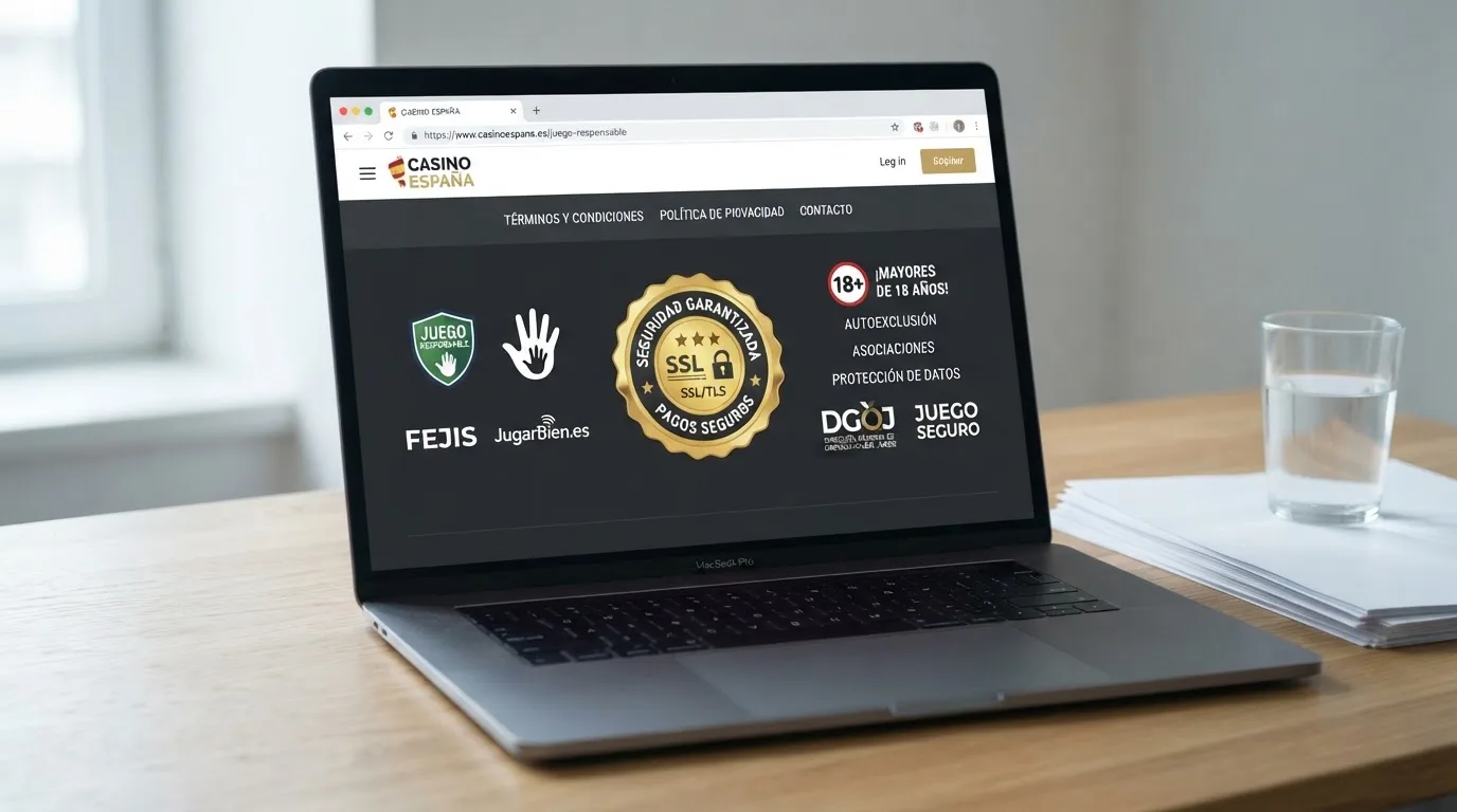 Pie de página de un casino online español mostrando el sello de licencia de la DGOJ, el dominio .es y los logos de juego responsable