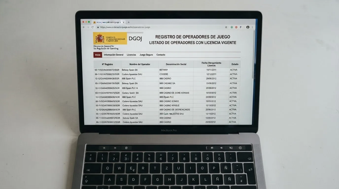 Captura de pantalla del registro oficial de la DGOJ en ordenacionjuego.es mostrando el listado de operadores con licencia, con el dominio .es y el sello de la DGOJ visibles en primer plano