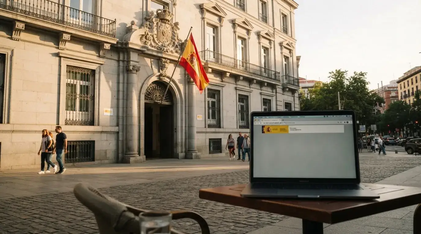 La fachada del edificio de la DGOJ en Madrid con el escudo oficial y la bandera de España, junto a un navegador mostrando el dominio .es de un casino autorizado