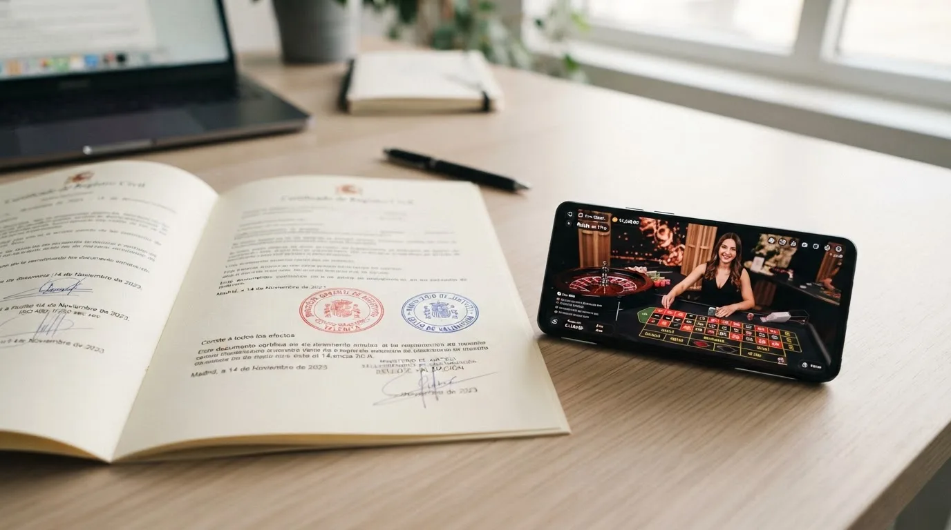 Primer plano de un documento oficial con sellos de autoridad regulatoria junto a un teléfono con la pantalla de un casino