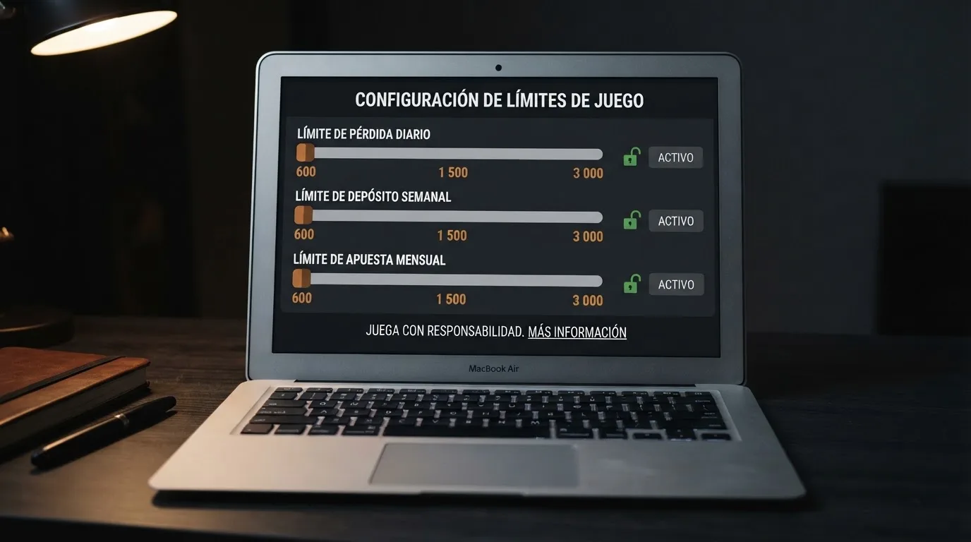 Panel de control de un casino online regulado con tres deslizadores que muestran los límites diario, semanal y mensual, con un candado abierto junto al botón de reducir