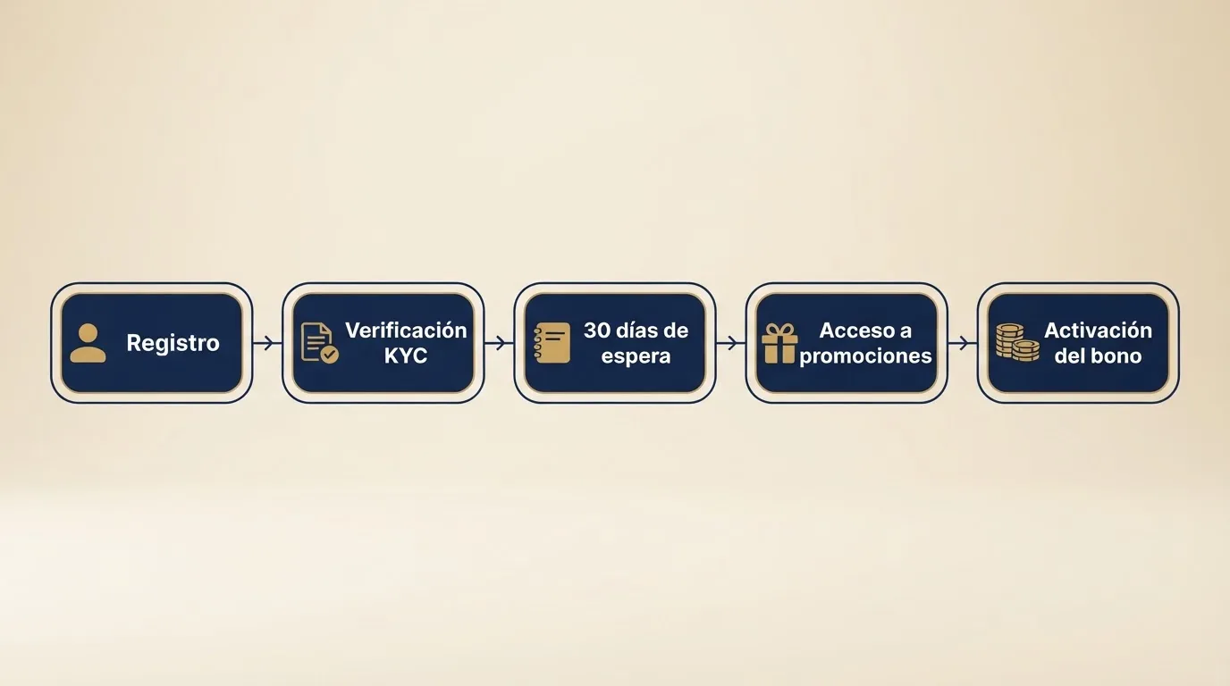 Infografía con la línea temporal del proceso completo para canjear un código promocional en España: registro, verificación de identidad, espera de 30 días, acceso a promociones y activación del bono