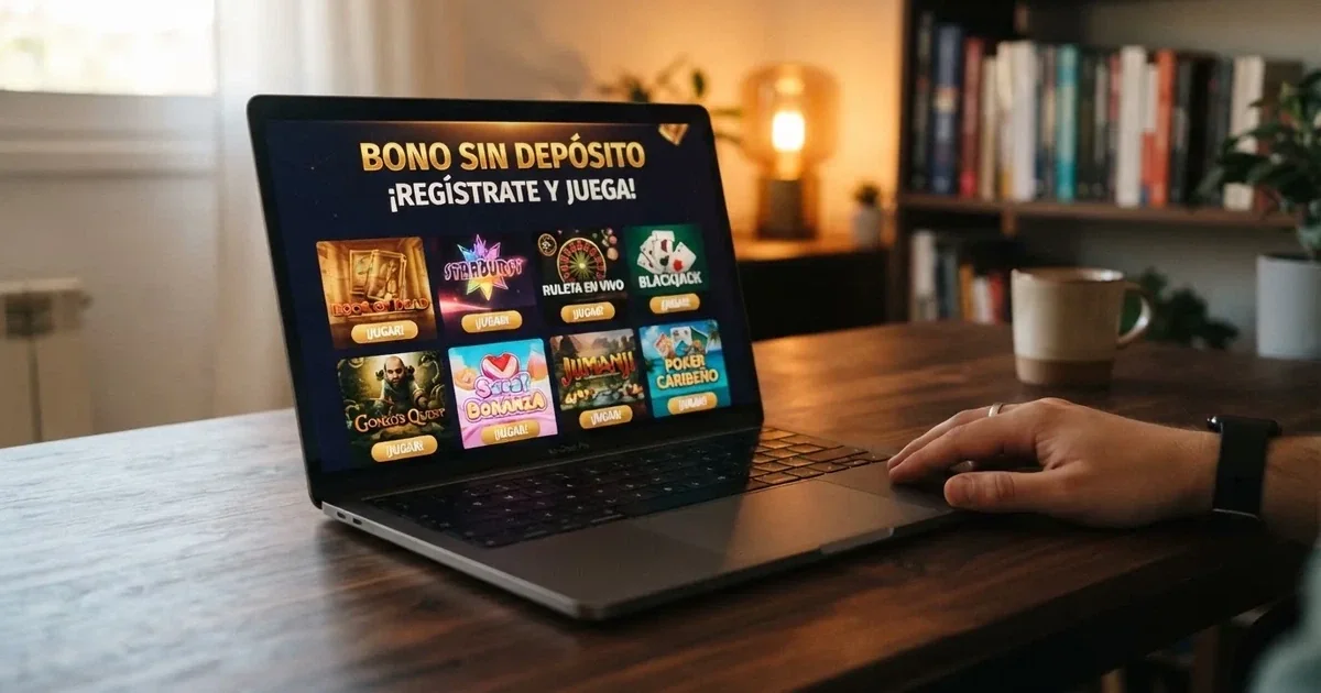 Interfaz de un casino online español con el distintivo de bono sin depósito visible en la pantalla de bienvenida