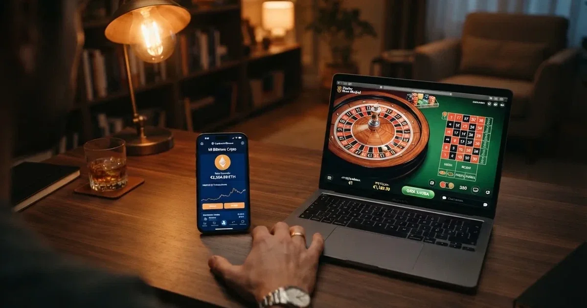 Un teléfono móvil muestra la pantalla de un casino online junto a un monedero de bitcoin abierto en un portátil, con el símbolo de bitcoin visible en ambas pantallas