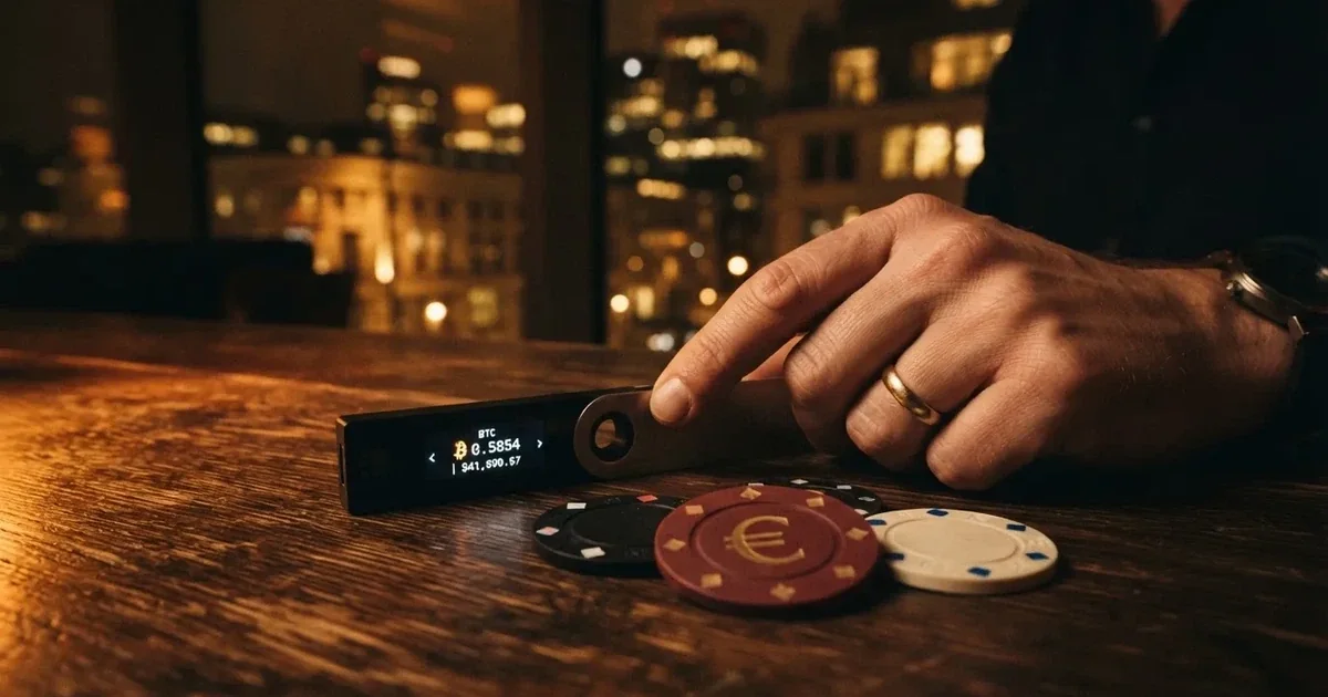 Comparativa visual de fichas de casino junto a un monedero digital mostrando el símbolo de Ethereum en la pantalla de un ordenador portátil