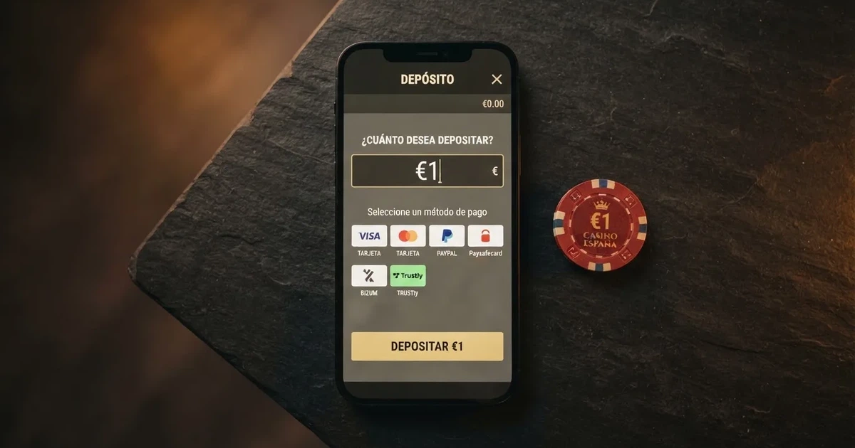 Interfaz de un casino online con licencia DGOJ mostrando opciones de depósito desde 1 euro en un teléfono móvil