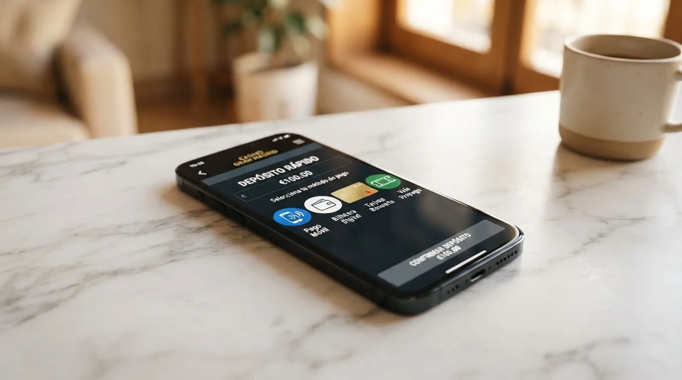 Teléfono móvil mostrando la pantalla de depósito de un casino online con los iconos de Bizum, PayPal, Visa y Paysafecard