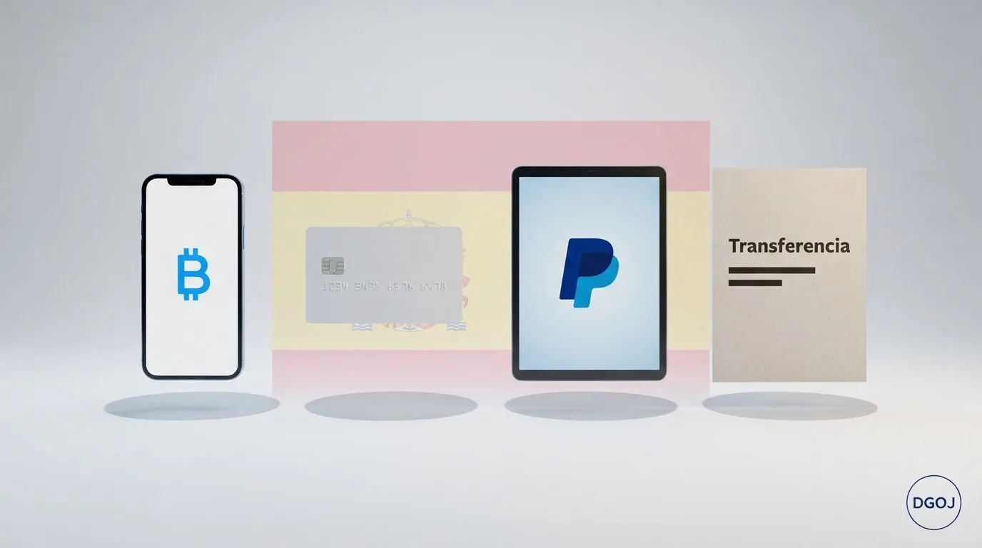 Comparativa visual de los métodos de pago que aceptan depósitos desde 1€ — Bizum, tarjeta bancaria, PayPal y transferencia inmediata — sobre un fondo con la bandera de España y el sello de la DGOJ