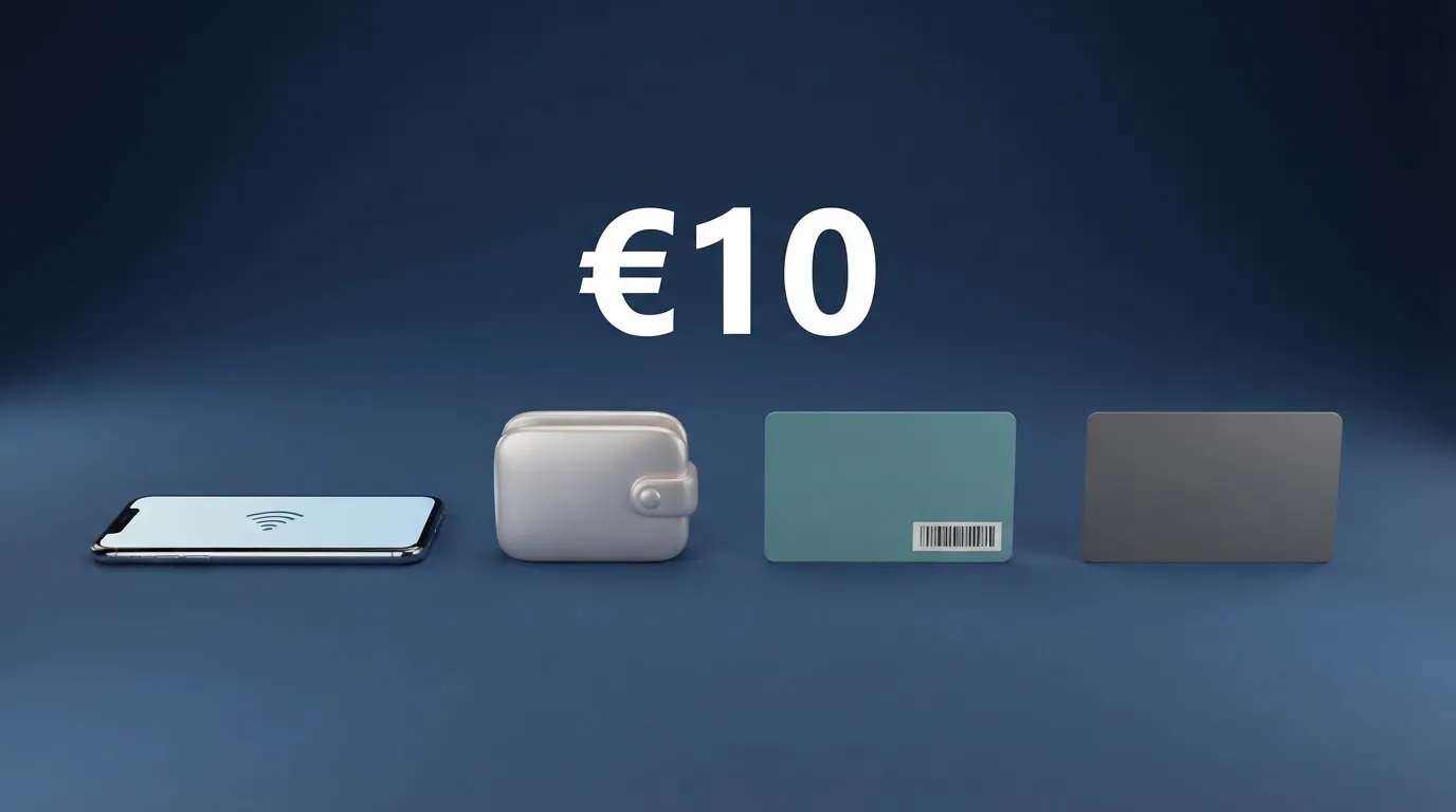 Los iconos de Bizum, PayPal, Paysafecard y una tarjeta bancaria alineados sobre un fondo azul oscuro, con la cifra 10 € en el centro