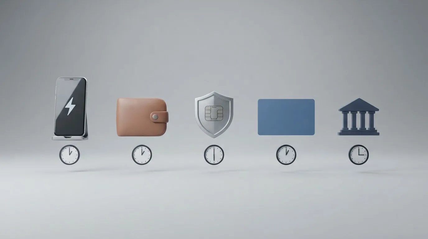 Los iconos de Bizum, PayPal, Skrill, tarjeta bancaria y transferencia ordenados de izquierda a derecha por velocidad, con un reloj debajo de cada uno marcando su tiempo típico.