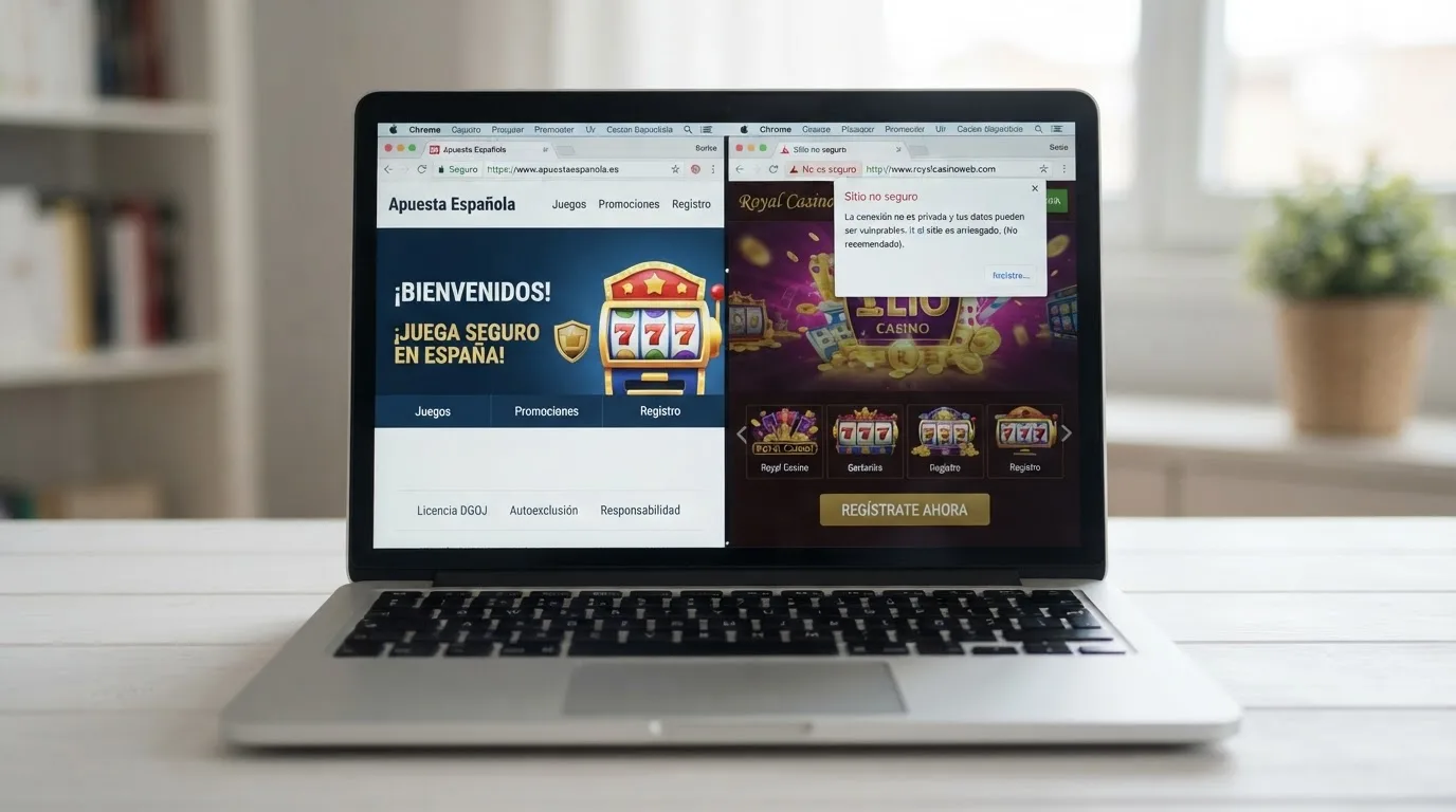 Pantalla dividida: a la izquierda un casino con dominio .es y candado de seguridad, a la derecha un casino con dominio .com y una alerta de sitio no seguro en el navegador