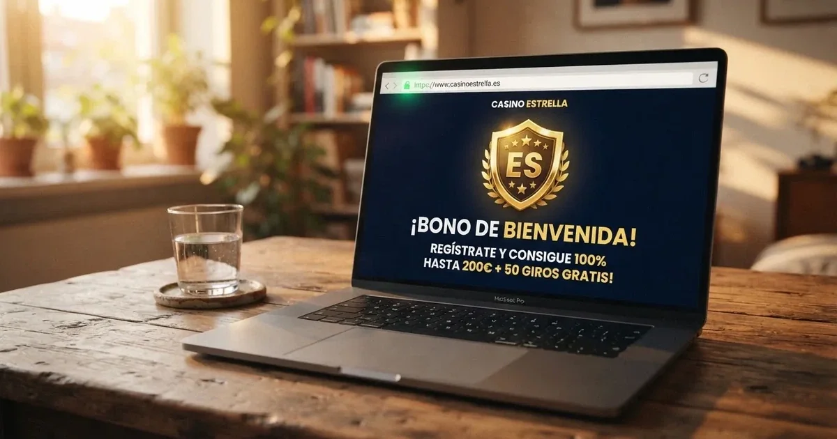 Pantalla de inicio de un casino online con licencia española mostrando la oferta de bienvenida junto al sello de la DGOJ y el dominio .es visible en la barra de navegación