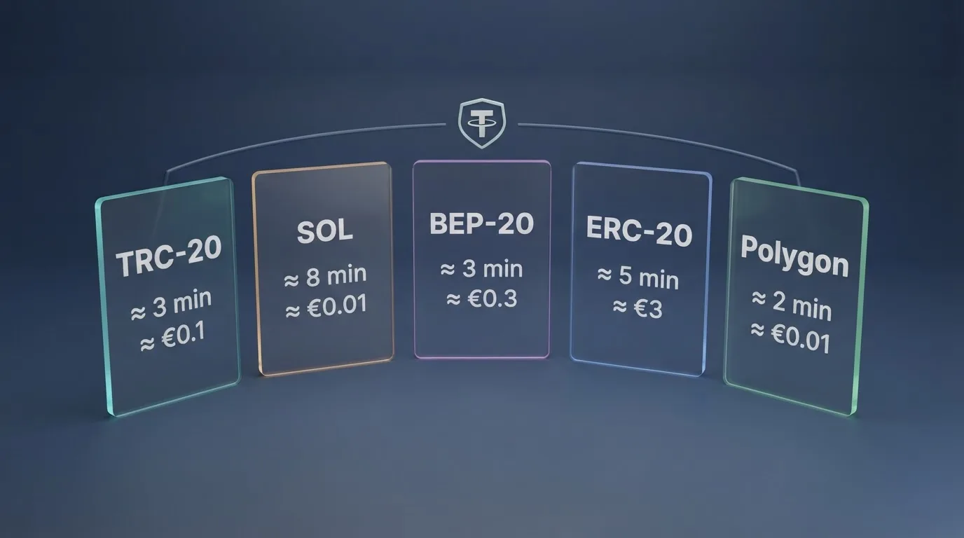 Comparativa visual de las cinco redes USDT (TRC20, ERC20, BEP20, Solana, Polygon) con sus tiempos de confirmación y comisiones de red aproximadas