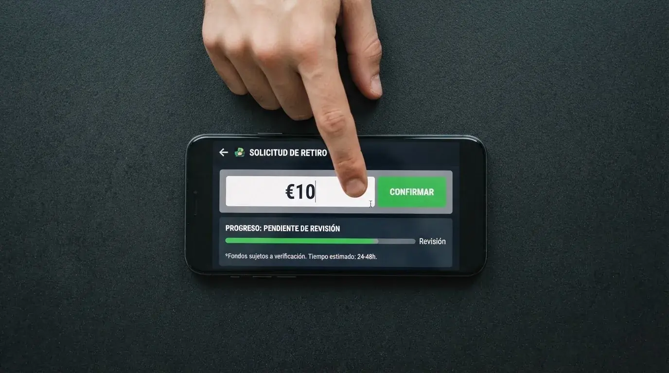 Teléfono mostrando una pantalla de retirada de fondos en un casino online con el importe mínimo visible
