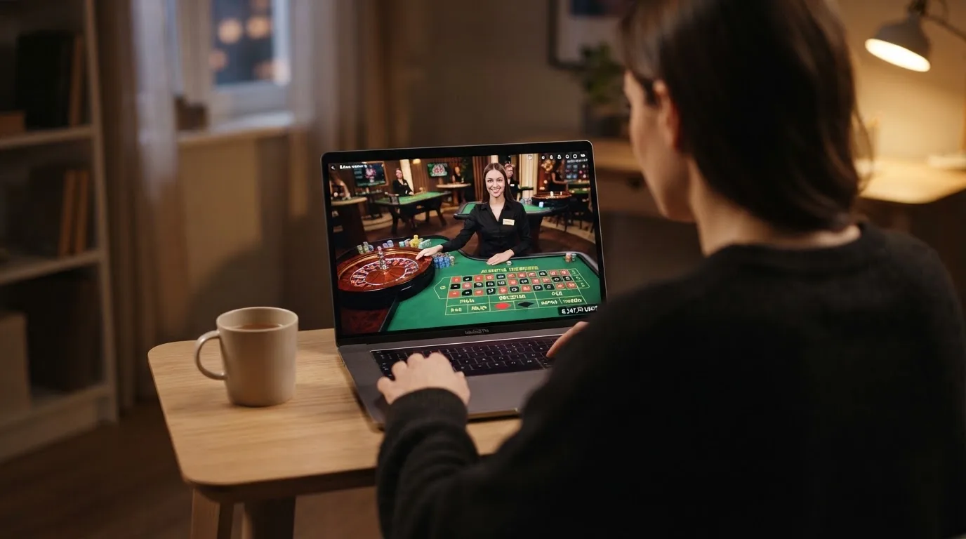 Captura de una mesa de ruleta en vivo con crupier real y la interfaz de apuestas de un casino que acepta USDT, con el saldo en stablecoins visible en la esquina