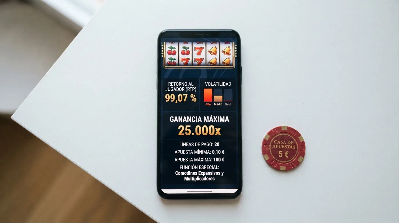 Ficha técnica de un slot online mostrando el porcentaje de RTP, la volatilidad y el premio máximo en un casino con licencia DGOJ