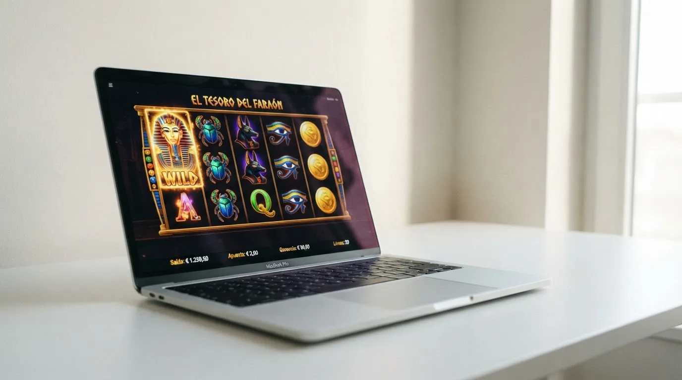 Pantalla de una tragaperras online con la interfaz de juego visible: rodillos, líneas de premio y saldo en euros